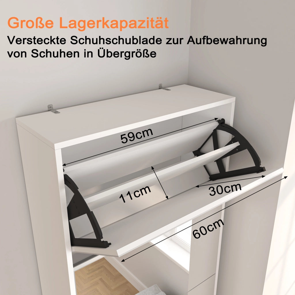 Scarpiera a specchio con 5 ribalte a doppio livello in MDF bianco salvaspazio per ingresso con retro 185 cm
