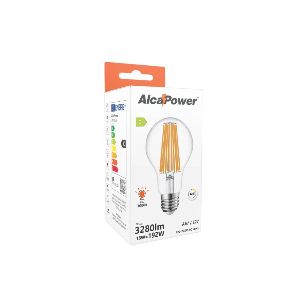 Alcapower - Lampadina LED E27 A67 18W 3280lm, Angolo 320°, Classe Energetica C, Ø67mm, Luce Istantanea, Lunga Durata - 3000K