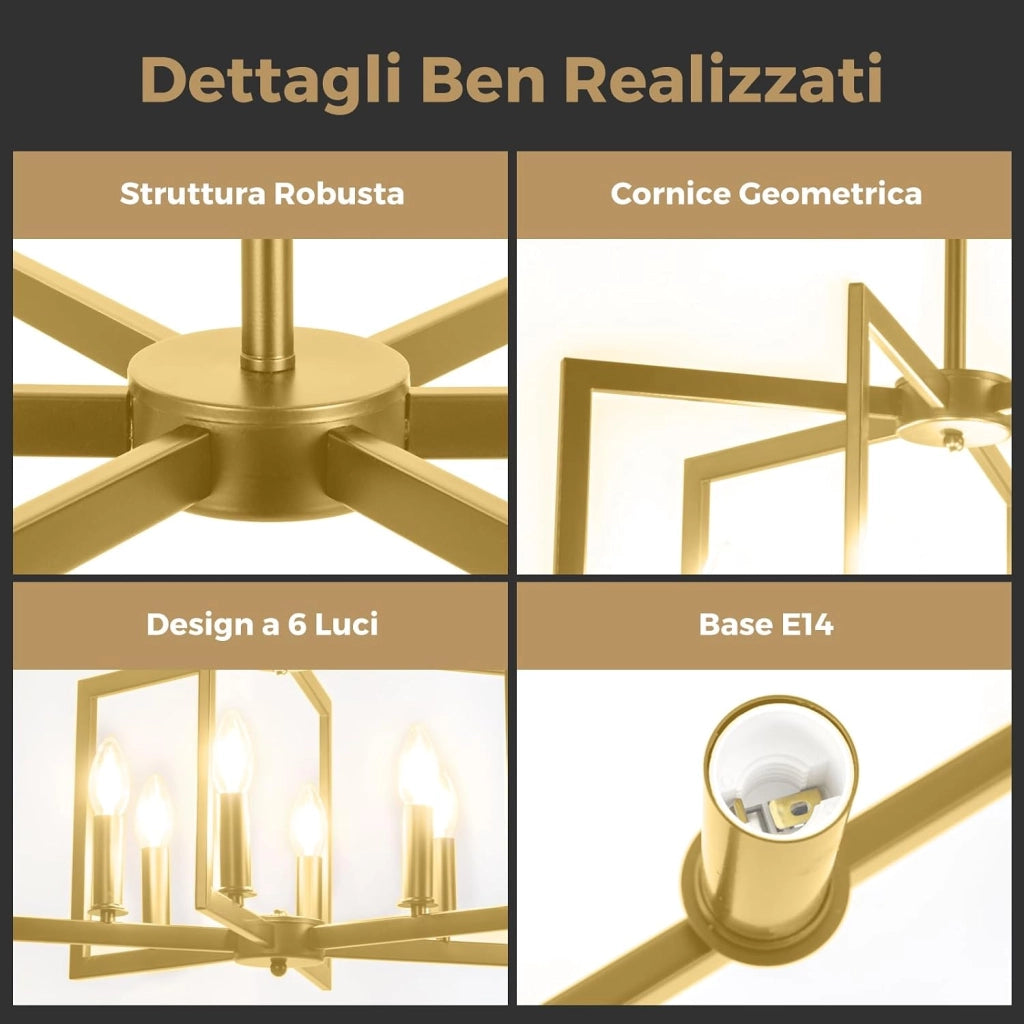 Lampadario a Sospensione a 6 Luci, Lampada a Sospensione Geometrica Moderna in Metallo Industriale con Altezza Regolabile, Lampada da Soffitto per Cucina, Salotto e Camera da Letto (Oro)
