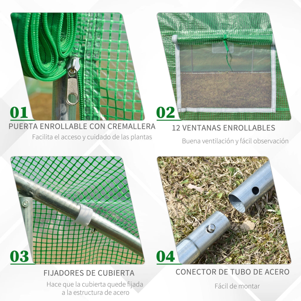 Serra da giardino a tunnel ¨C zephmum ¨C 8x3x2 m verde con 12 finestre e porta a rullo