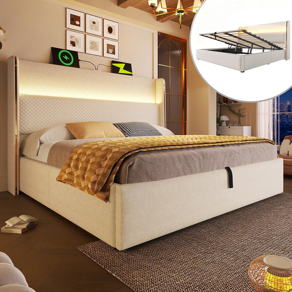 Letto 140x200cm?- Xylo - idraulico LED USB lino beige