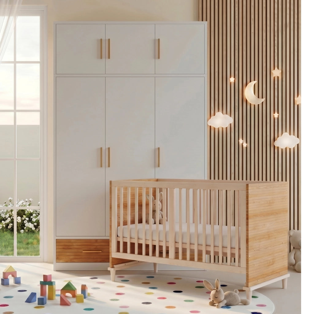 Set cameretta bebè con armadio 3 ante e lettino a sbarre, naturale, 120x50x180 cm + 70x140x87 cm
