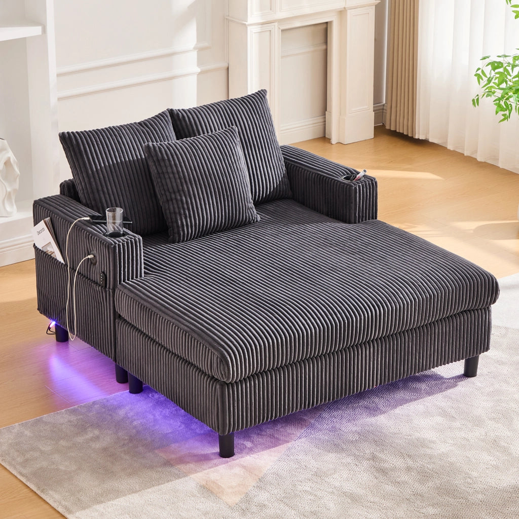 OKWISH Chaise Longue con Seduta Profonda, Illuminazione LED, Porte USB e Portabicchieri, Velluto a Coste Grigio Scuro