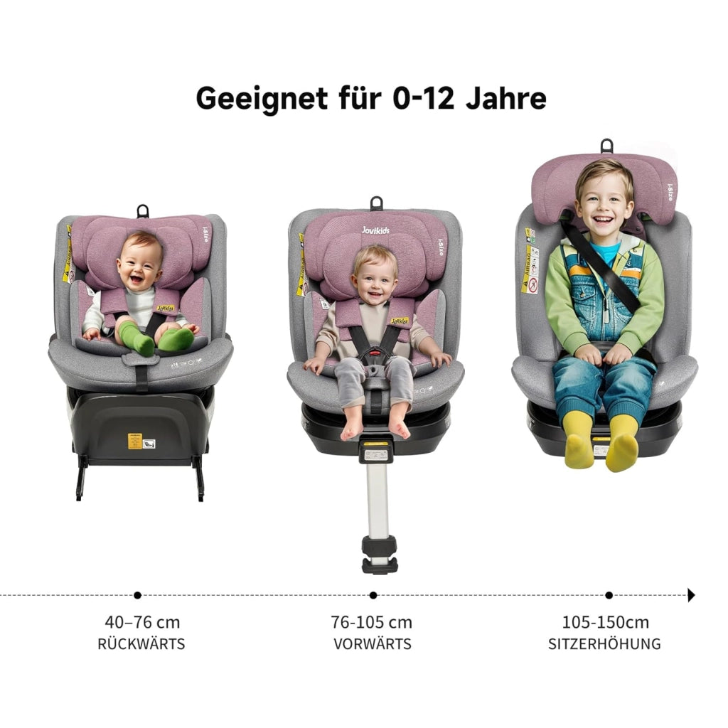 Seggiolino auto per bambini girevole 360 gradi con ISOFIX e reclinazione, cappottina removibile in tessuto rosa grigio