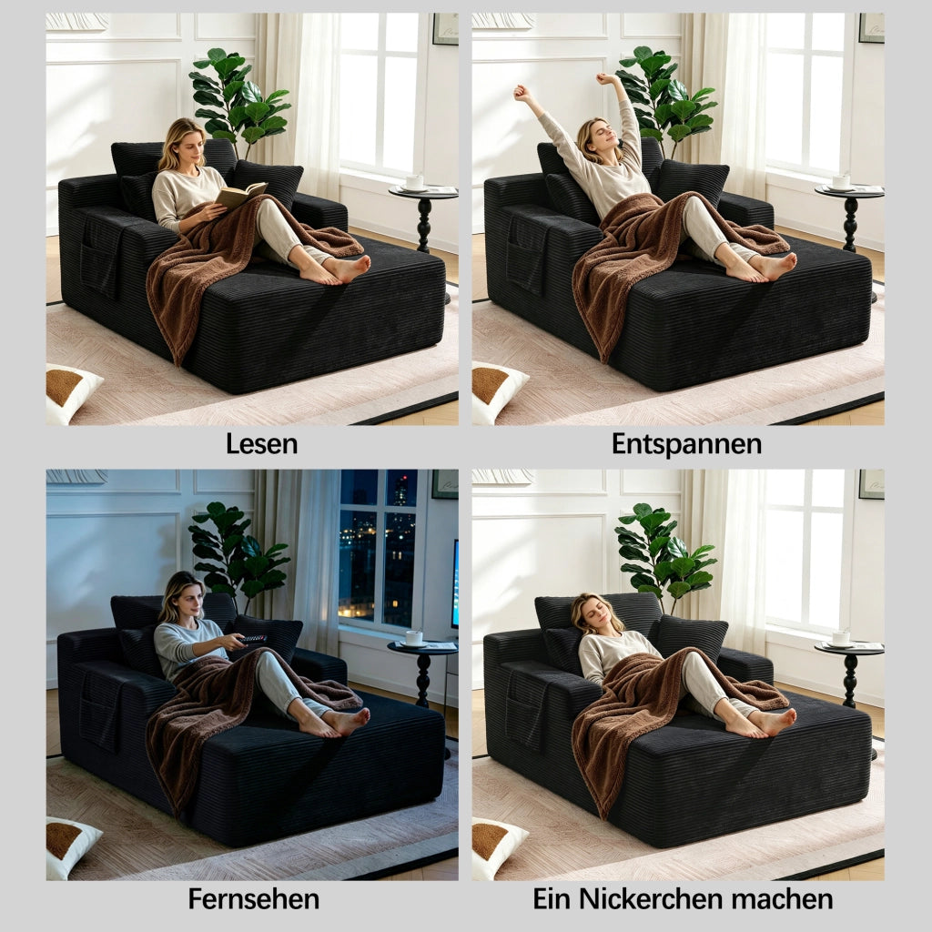 Divano in velluto a coste con tasche laterali e cuscini morbidi, design retrò, struttura stabile, nero