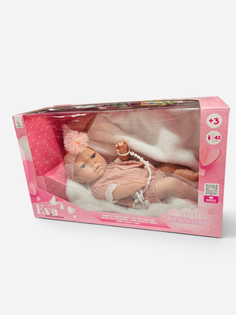 Bambola-Eva Collection,bambola con vestitino rosa e copertina bianca e frontino-Hungary Toy-Eta 3+