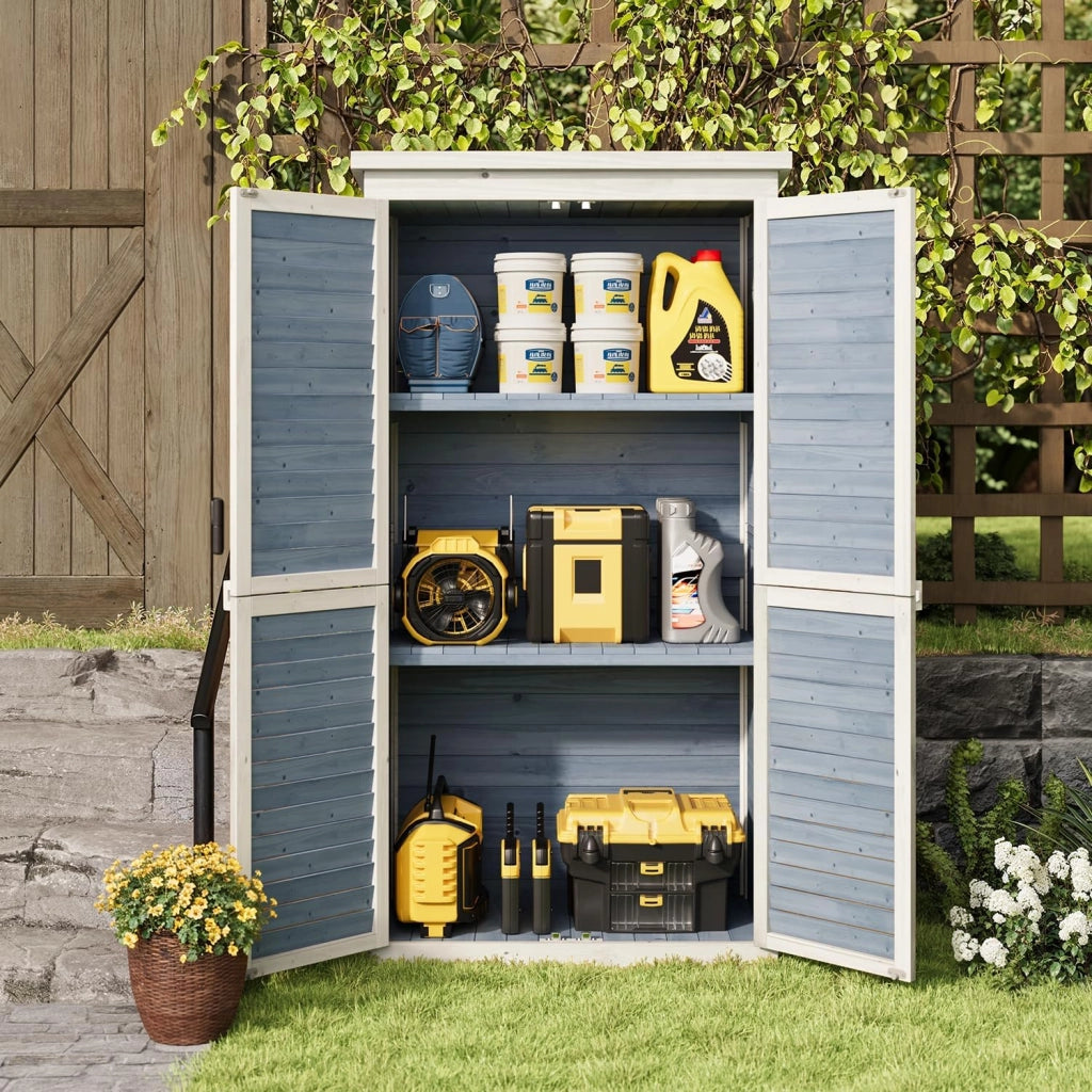 Armadio da Giardino in Legno 160 cm, Resistente agli Agenti Atmosferici con Tetto Inclinato e Dispositivo Bloccabile, Armadio per Attrezzi Esterno 47x87x160 cm Grigio (Grigio)