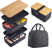 Lunchbox in legno di bambù con contenitori e utensili – Ripiegabile – Inclusa valigetta per la preparazione delle pasti – Nero