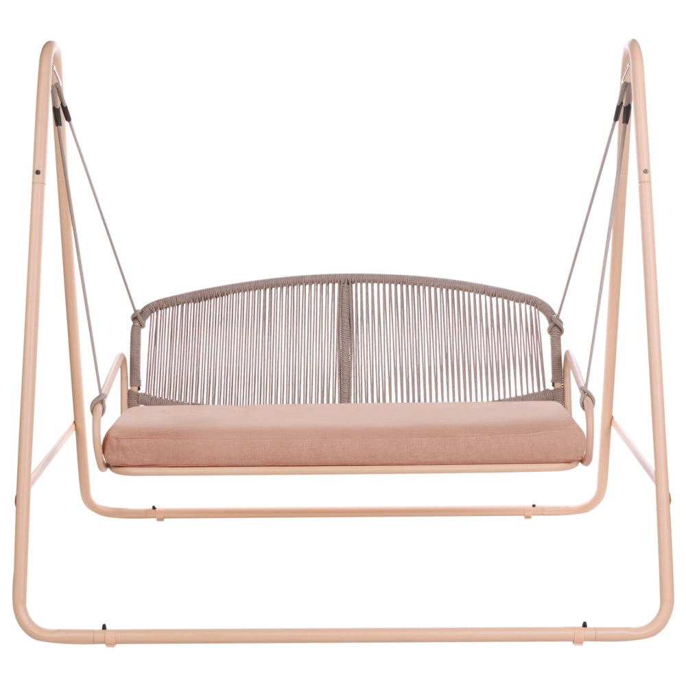 Dondolo da giardino con struttura in acciaio marrone, cuscini in tessuto olefinico e schienale in corda intrecciata, a due posti, in stile mediterraneo