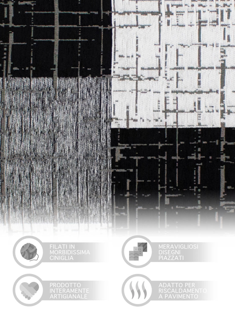 Tappeto Arredo Moderno Morbido in Ciniglia Ingresso Antiscivolo Prodotto Italiano  Soggiorno Camera Salotto Disegni Piazzati Cotone Varie Misure Grande Mondrian/Nero - 65x175 cm