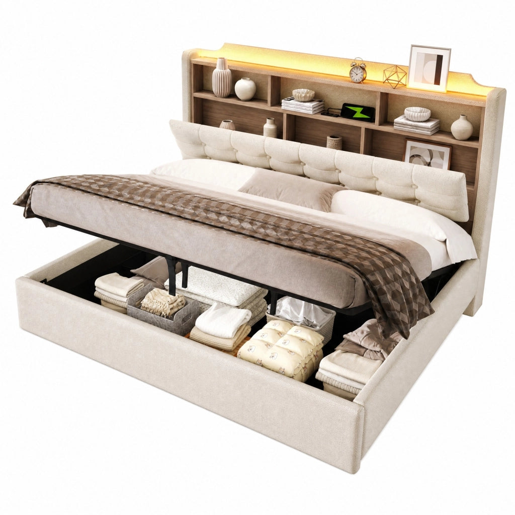 Letto imbottito 180x200 cm in lino beige con LED; contenitore idraulico; USB e Type-C