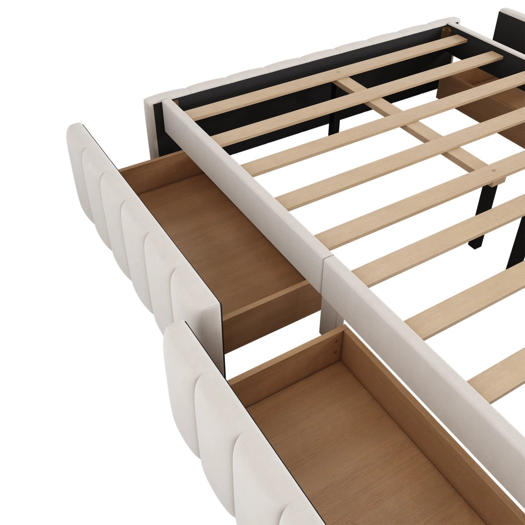 Letto con Cassetti 140x200 cm; Contenitore; 4 Cassetti e Spazio sotto il Letto - in Velluto - Beige