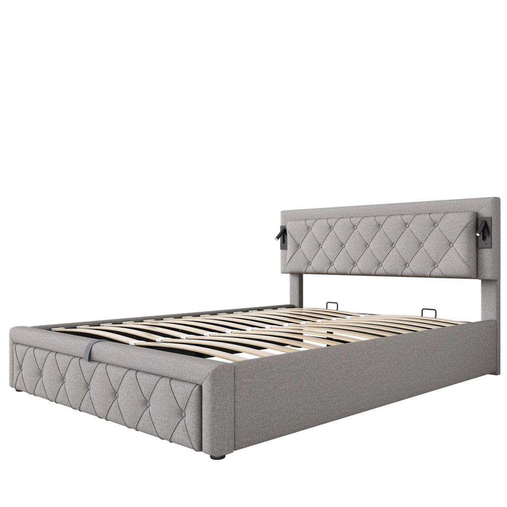 Letto imbottito matrimoniale 160x200 con luci laterali, porte USB, contenitore e rete a doghe in legno, grigio