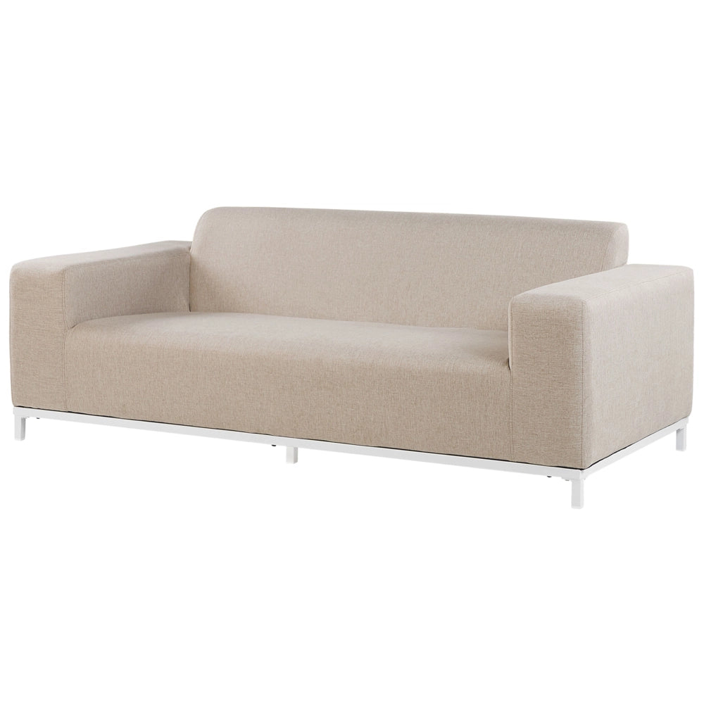 Divano da giardino Rivestimento tessuto beige Gambe alluminio bianco Mobili da esterno per interni Resistente alle intemperie per esterni