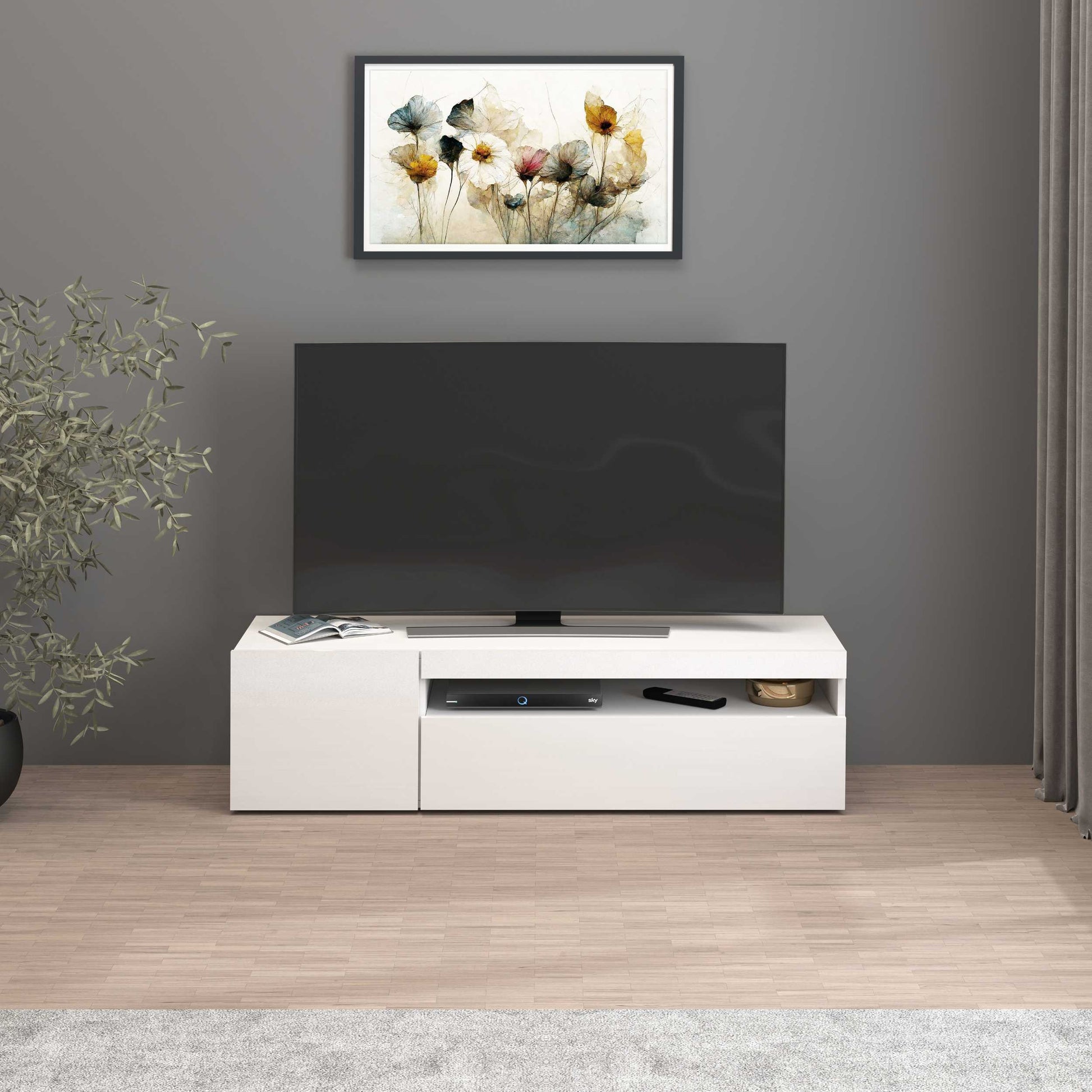 Mobile porta tv Potenza con 1 anta laterale e 1 anta a ribalta bianco lucido 130x40x36 cm