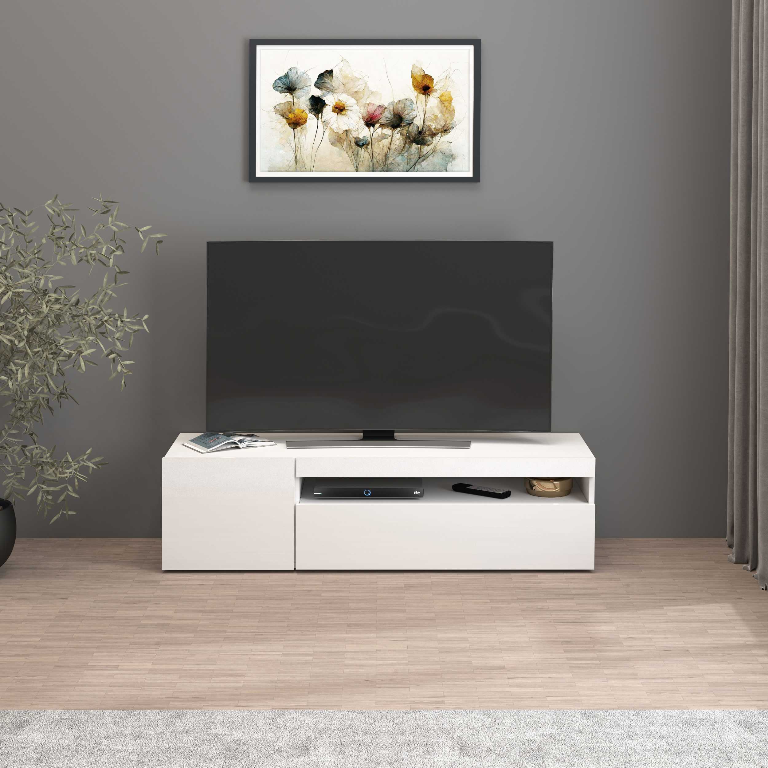 Mobile porta tv Potenza con 1 anta laterale e 1 anta a ribalta bianco lucido 130x40x36 cm