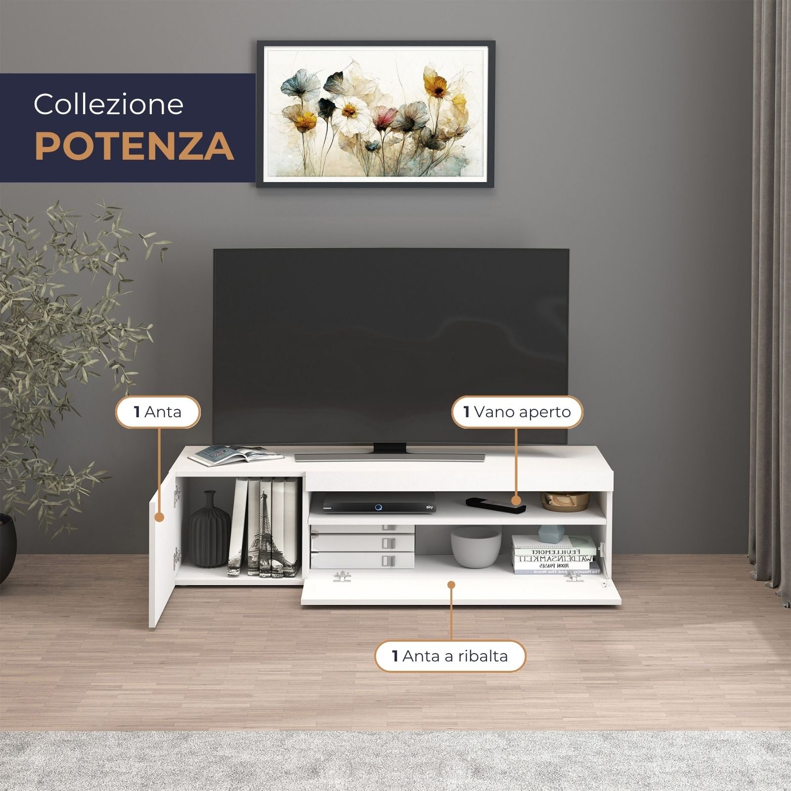 Mobile porta tv Potenza con 1 anta laterale e 1 anta a ribalta bianco lucido 130x40x36 cm