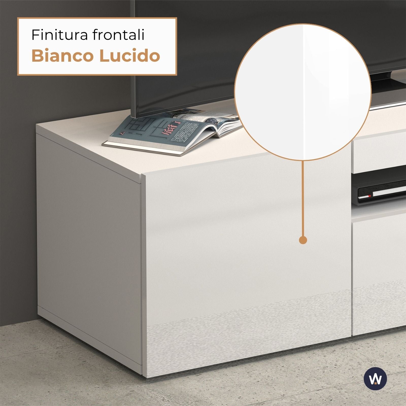 Mobile porta tv Potenza con 1 anta laterale e 1 anta a ribalta bianco lucido 130x40x36 cm