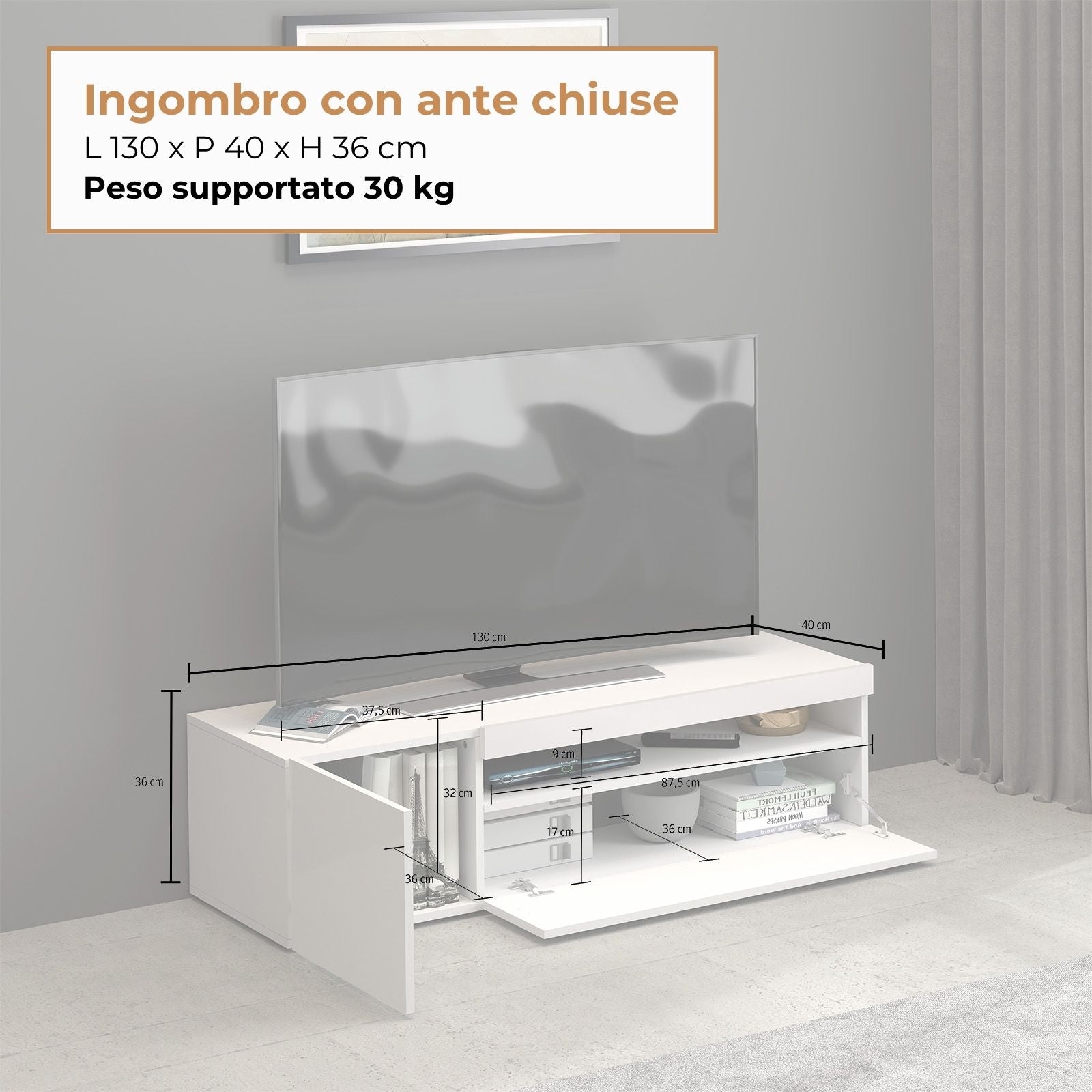 Mobile porta tv Potenza con 1 anta laterale e 1 anta a ribalta bianco lucido 130x40x36 cm