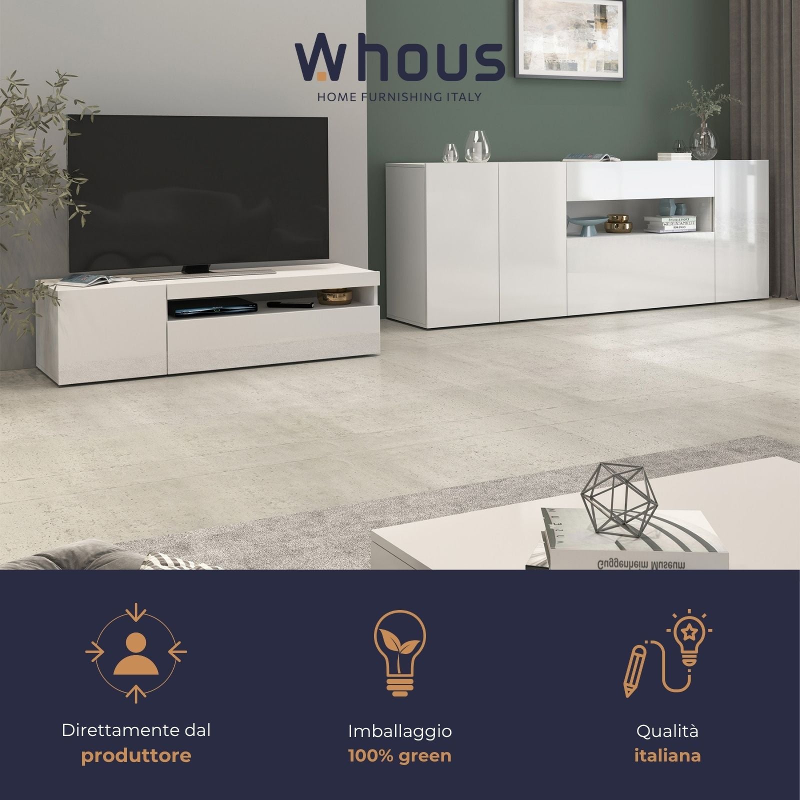 Mobile porta tv Potenza con 1 anta laterale e 1 anta a ribalta bianco lucido 130x40x36 cm