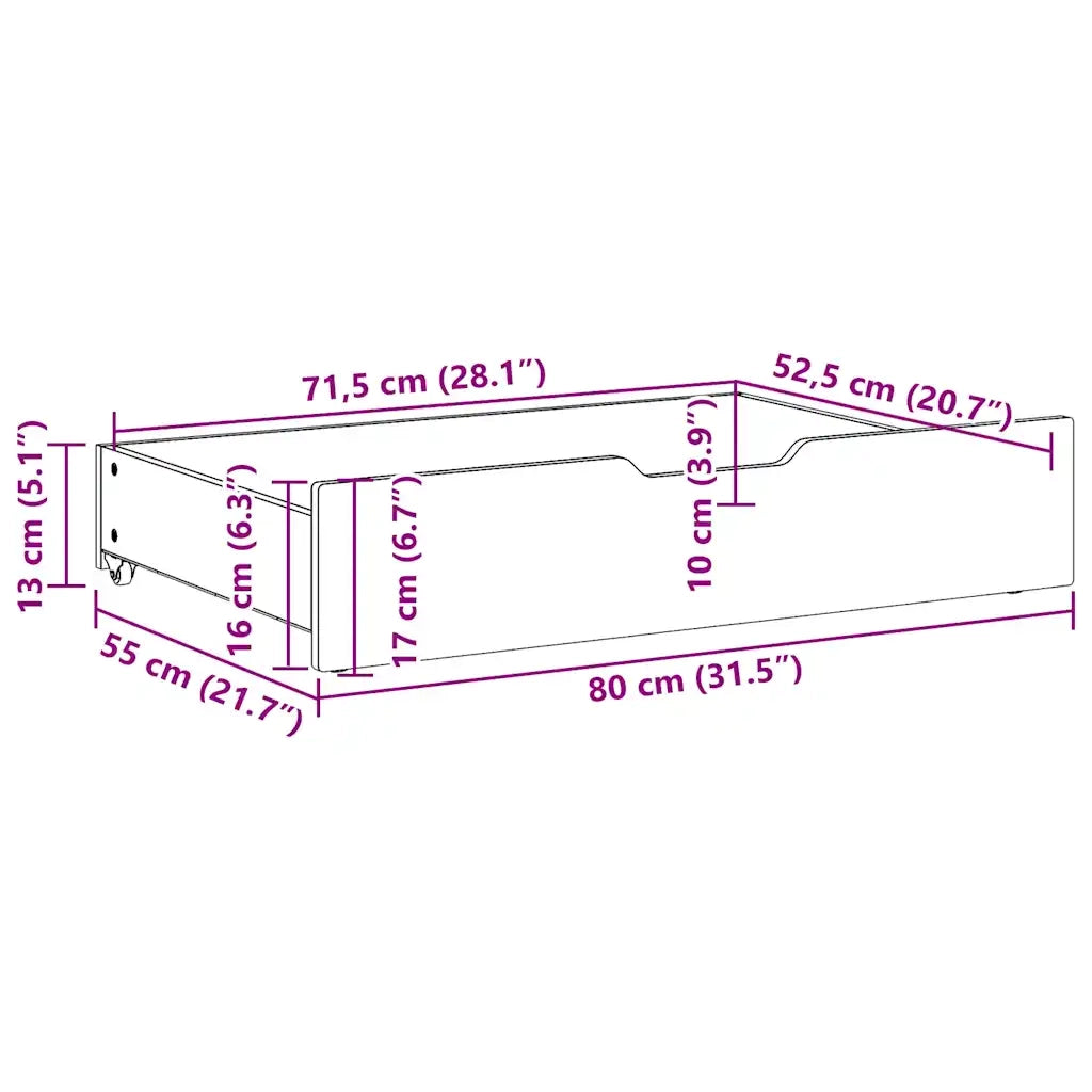 Cassettoni da Letto con Ruote 2 pz 80x55x17 cm in Legno di Pino 850929