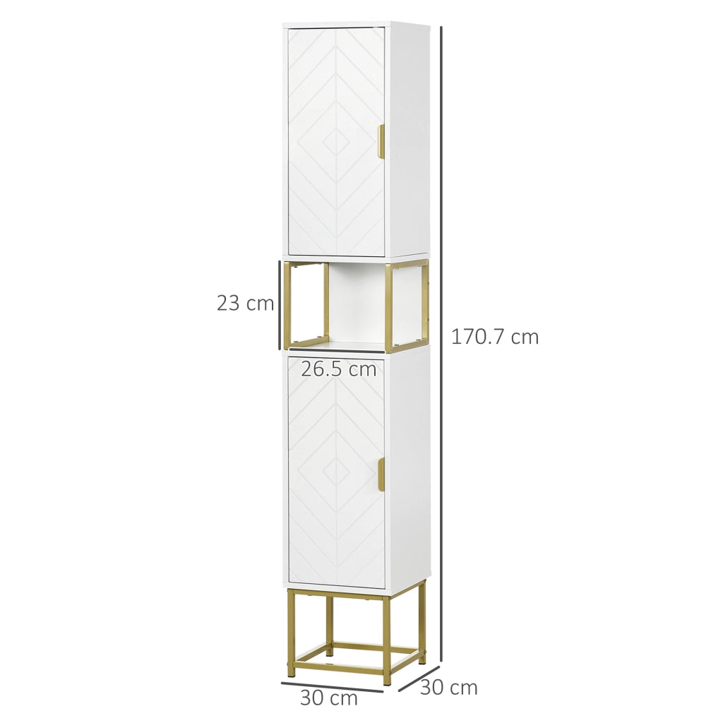 Colonna Bagno con 2 Armadietti e Ripiano in MDF e Acciaio, 30x30x170.7cm, Bianco e Oro
