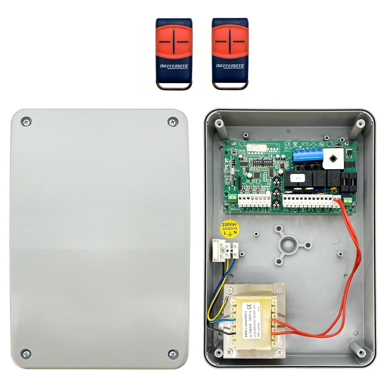 CENTRALE COMANDO SCHEDA CENTRALINA CANCELLO BATTENTE 24V CON 2 TELECOMANDI 4 CH