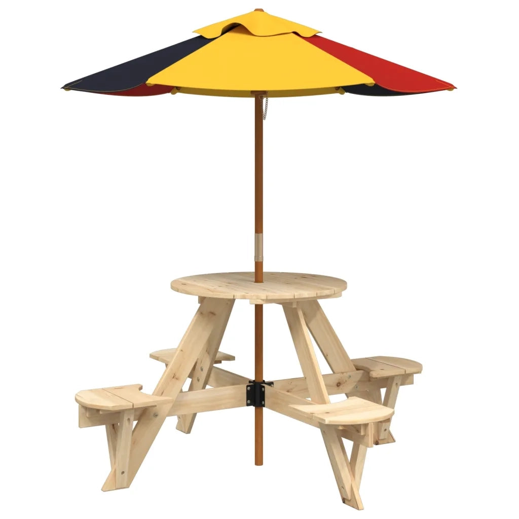 Tavolino da Giardino | Tavolo Picnic per 4 Bambini con Ombrellone Rotondo Legno Abete