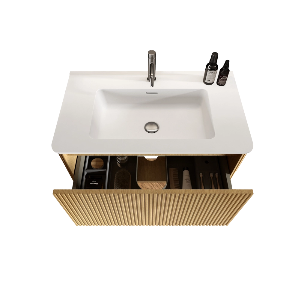 Mobile bagno sospeso 80 cm rovere; MDF con lavabo in Solid Surface