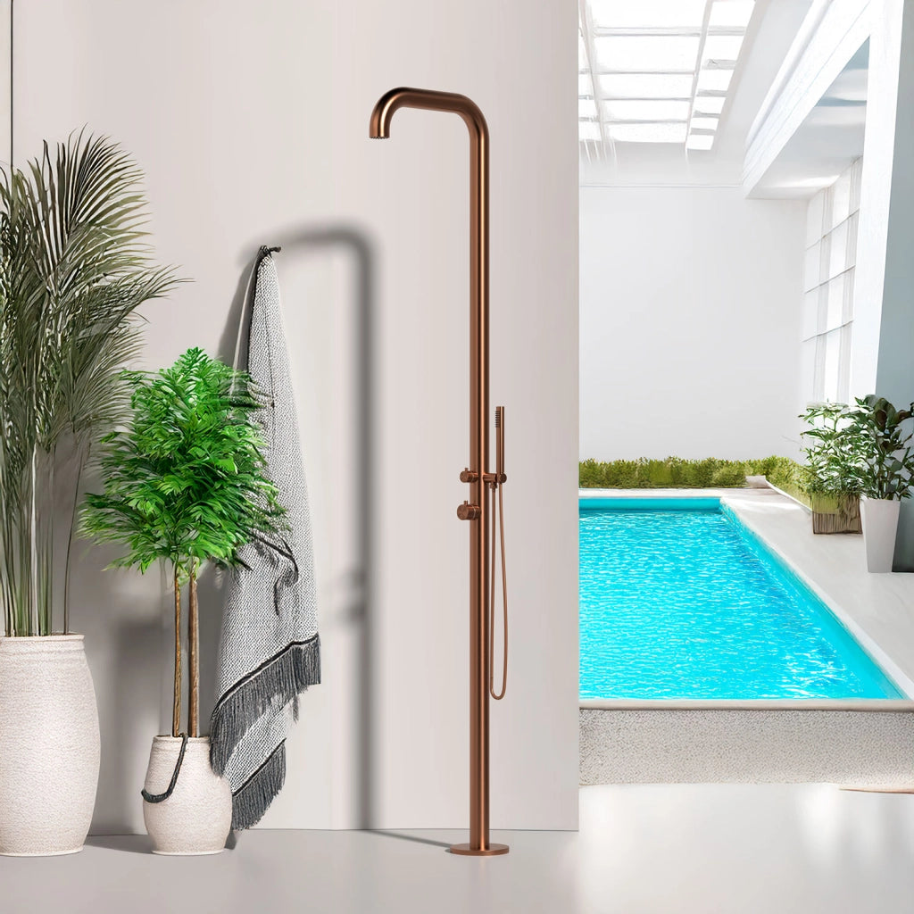 SINED Doccia Esterna Inox Oro Rosa con Miscelatore e Doccino Acciaio Inox AISI 316L Fusto Diametro 6 cm Altezza 2300 mm Attacchi Integrati Modello DOCCIA CHIA ORO ROSA