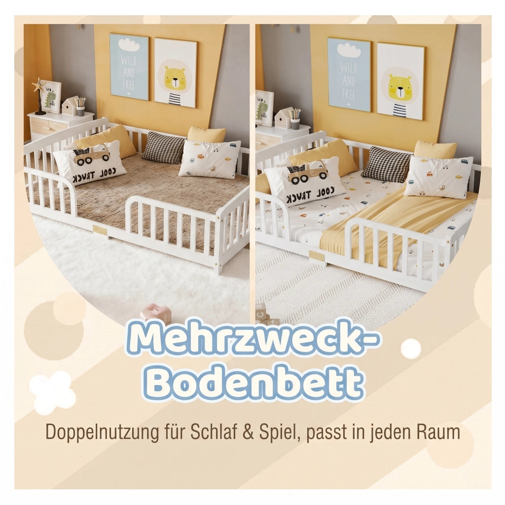 Letto per bambini basso 140 × 200 cm con apertura centrale e barriere di sicurezza, senza materasso, in legno di pino bianco