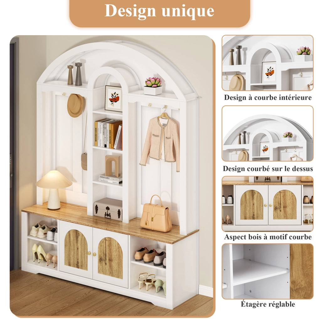 Garderobiera ingresso in MDF bianco con ante effetto legno; 150x40x195 cm; con ganci e LED USB