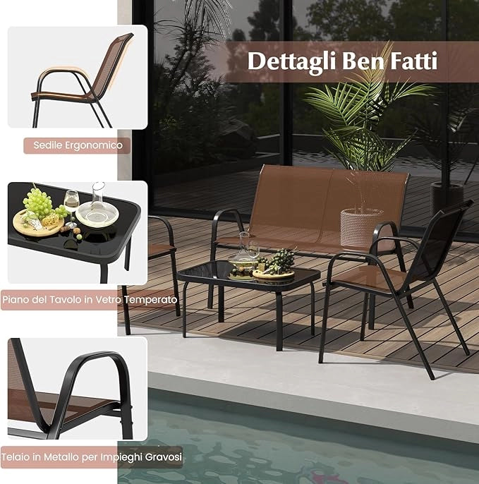 Set Tavolo e Poltrona da Giardino, Set di Mobili 4 Pezzi per Esterno, con Tavolino in Vetro Temperato, Panca e 2 Poltrone, per Giardino Balcone Piscina (Marrone)