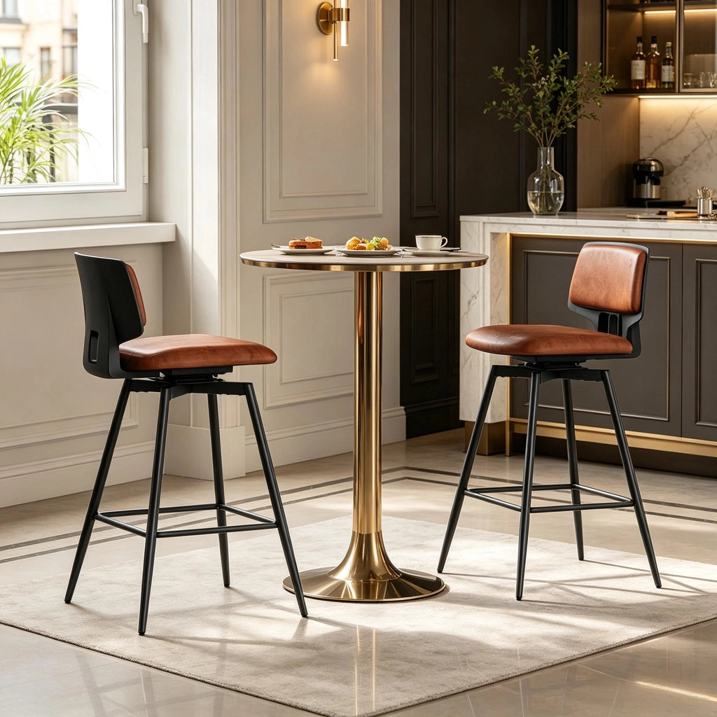 Sgabello da bar girevole con schienale ergonomico e poggiapiedi in metallo per cucina e soggiorno in pelle marrone