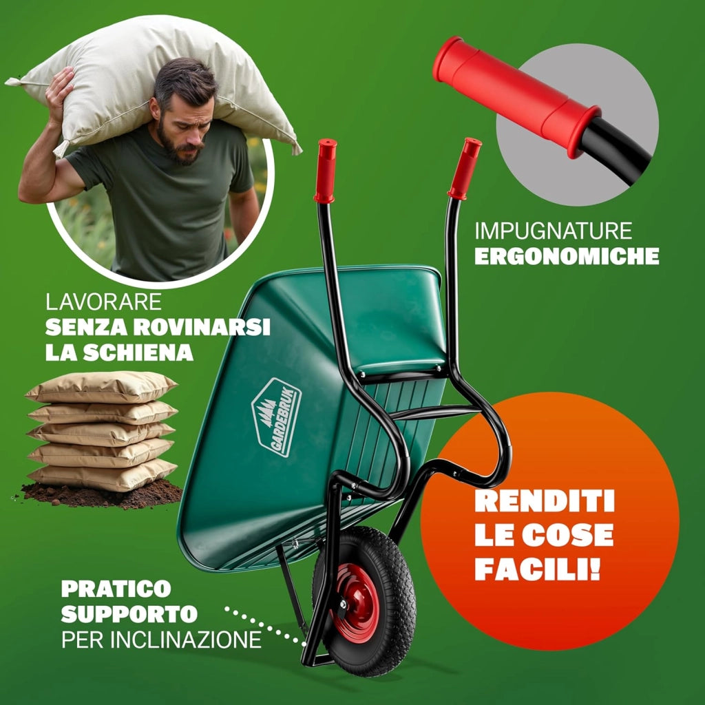® Carriola 100 Litri da Giardino Cantiere Costruzione Portata Massima 250kg con Pneumatico Vasca Polipropilene