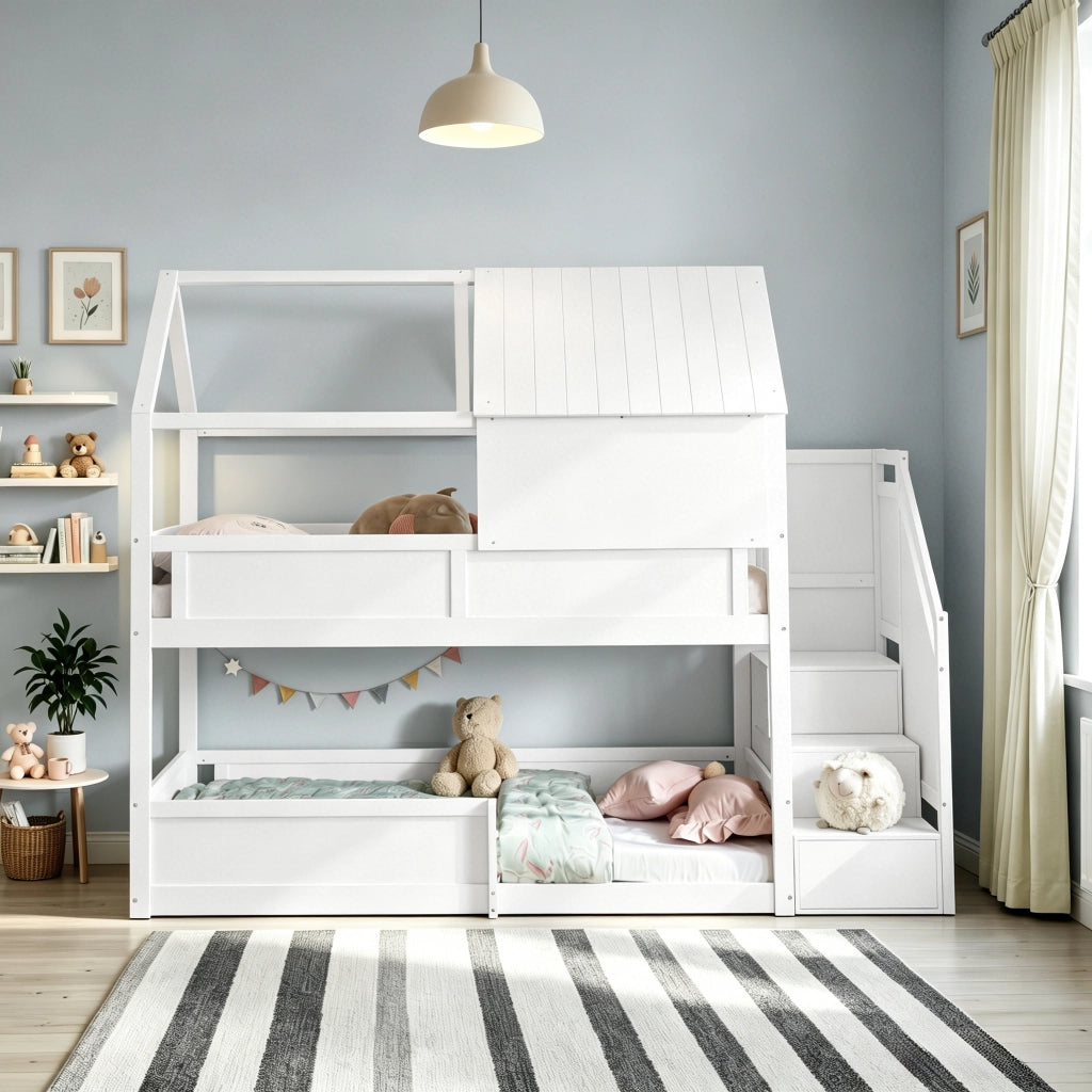 Letto a Castello Letto Singolo con Scaletta e Tetto in Legno Massello; White