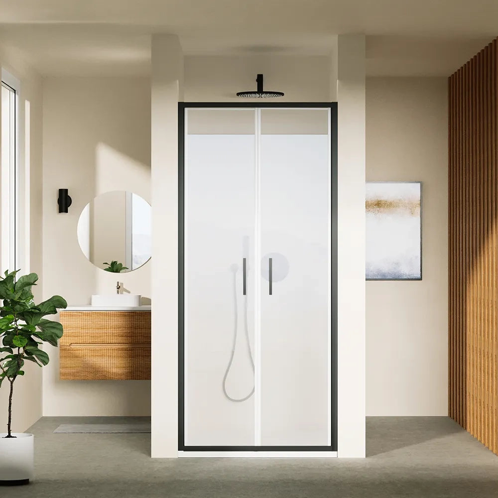 Porta doccia 75cm con apertura saloon profili slim nero opaco vetro 6mm trasparente h190 | Portofino