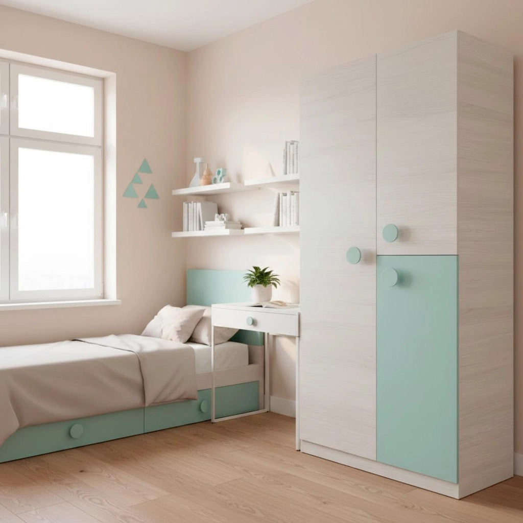 Mobile Guardaroba Compatto Armadio  Con Barra Appendiabiti E Ripiani Ideale Per Cameretta E Camera Da Letto Design Moderno 200 X 90 X 52 Cm Bianco Alpi E Verde Acqua