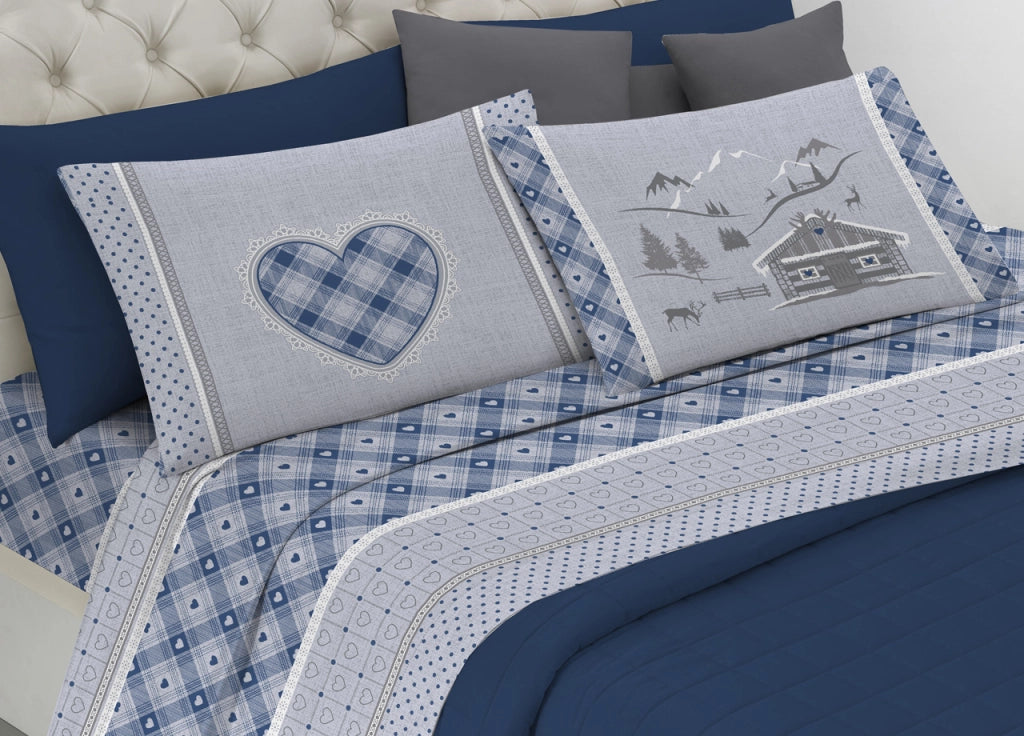 Completo Lenzuola Flanella Pensieri Delicati 100% Cotone Disegno Chalet - Matrimoniale - Blu
