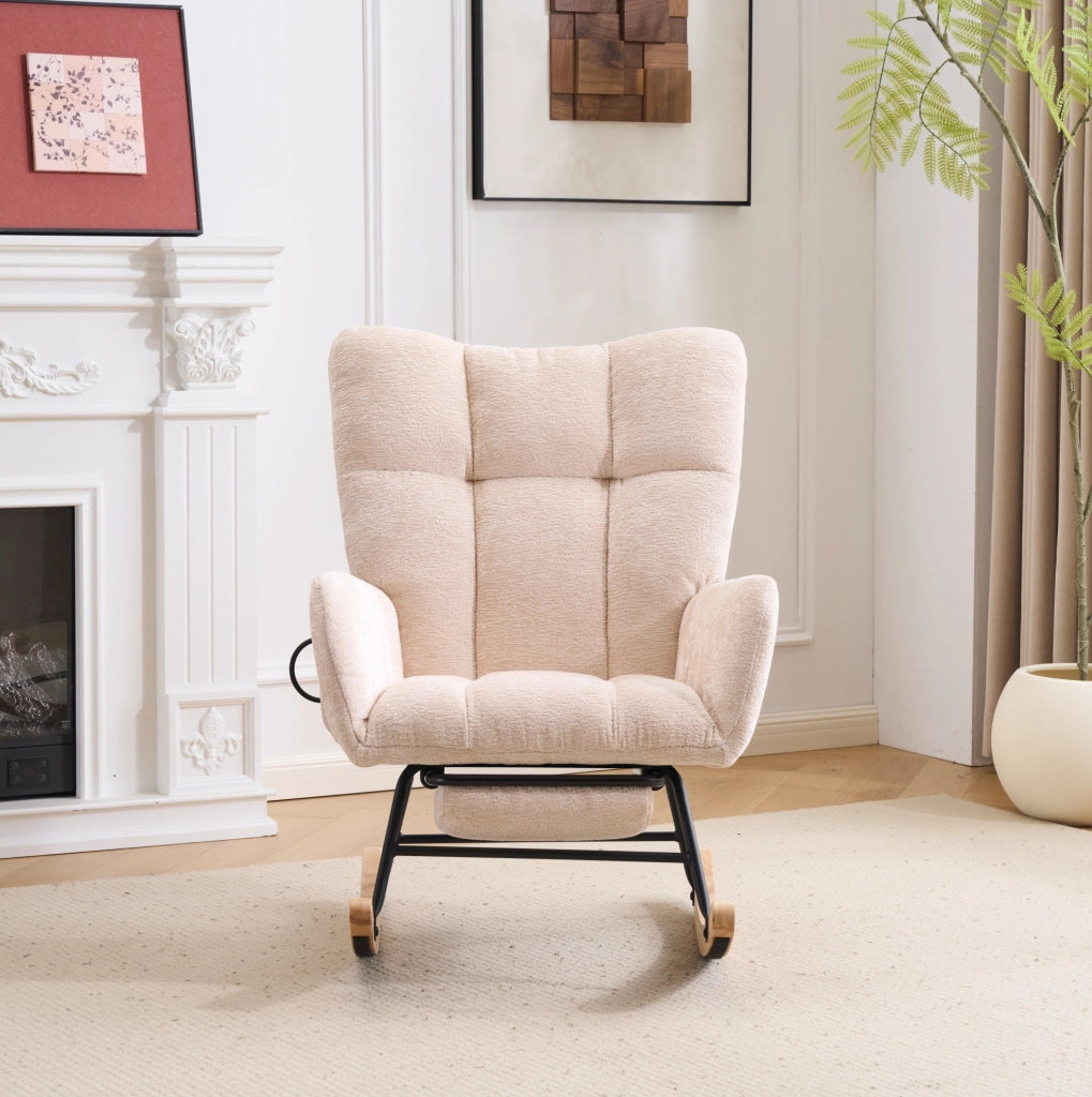 Sedia a dondolo con schienale alto e braccioli in chenille beige