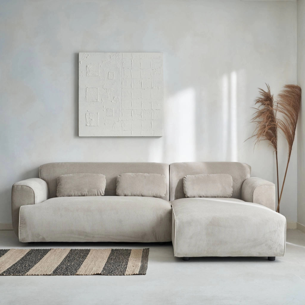 Divano angolare destro in velluto a coste, 2-3 posti, beige grigio