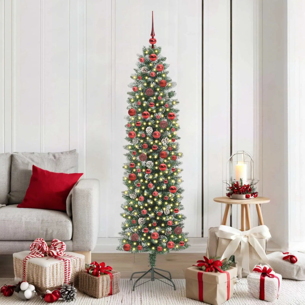 Albero di Natale Artificiale Sottile Verde e Bianco 180 cm