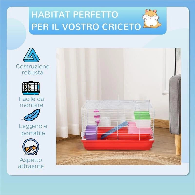 GABBIA PER CRICETI A 2 LIVELLI IN METALLO E PP CON CASETTA, SERBATOIO DELL'ACQUA E RUOTA, 47X30X27 CM