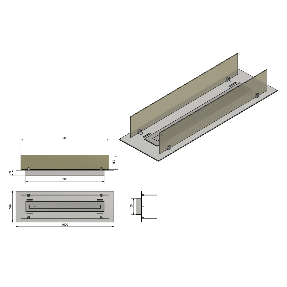 Bruciatore a Bioetanolo inserto/Appoggio 100cm in Inox con Vetri Inclusi