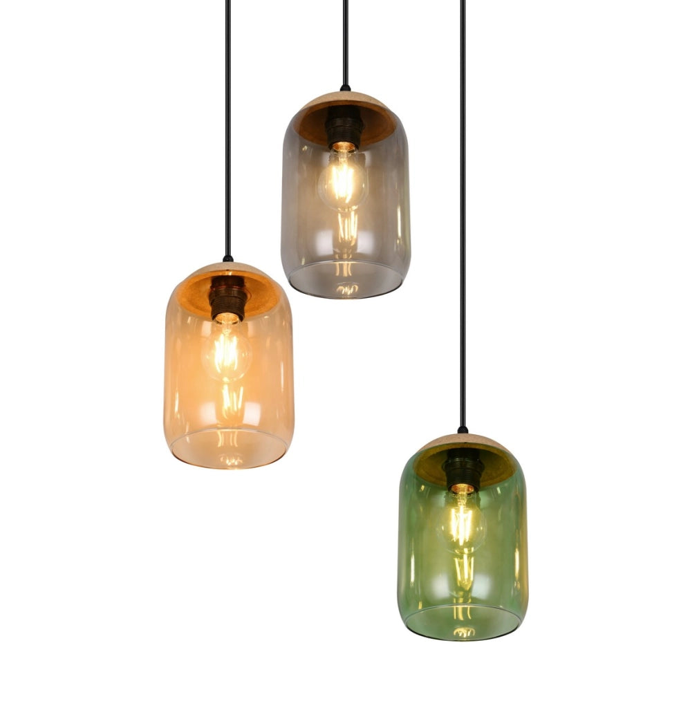 Sospensione Trio CORK nera 3 luci vetro colorato E27