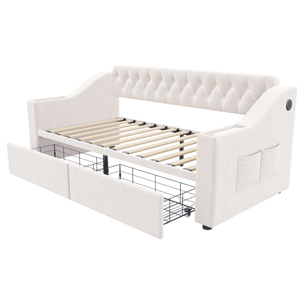 Polsterbett Schlafsofa 90 x 190 cm in velluto beige con contenitore, porte USB e struttura in metallo