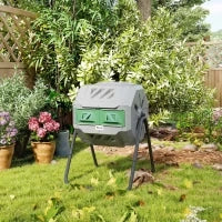 Compostiera da Giardino Girevole a 2 Sezioni con 8 Prese d'Aria, in Acciaio e PP, 71x65x96 cm, Grigio