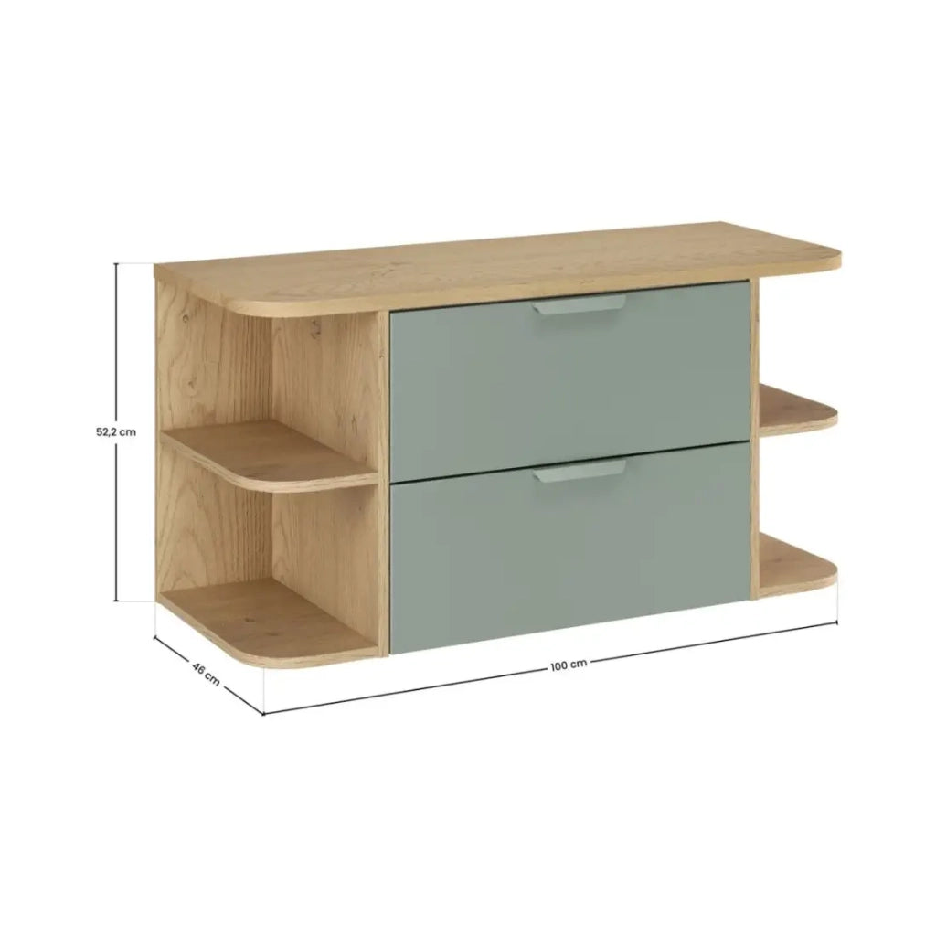 Insieme OSTER 100cm: mobili sotto lavabo con cassetti verde salvia e nicchie visibili + piano per lavabo in aspetto rovere chiaro