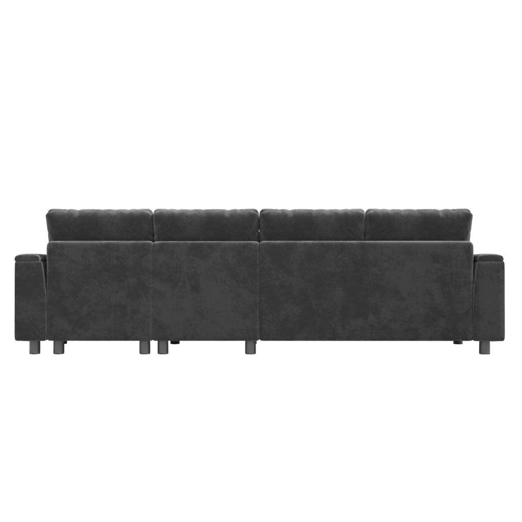 Divano a U in ciniglia con vano contenitore; USB e Type-C; 279x135x84 cm; grigio