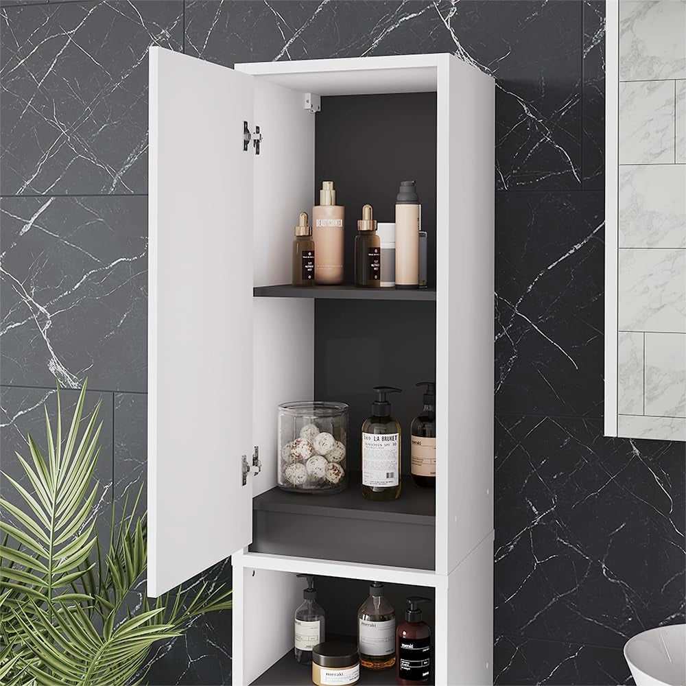 Mobile alto Viola, Bianco/Grigio, 38 x 170 cm con 2 porte, combinabile con la serie Viola per riporre oggetti in bagno